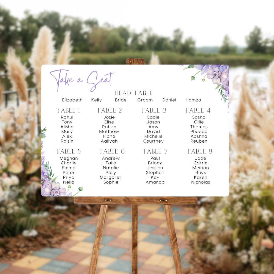 lilac and lavender floral seating plan sign for wedding - personalised wedding sign