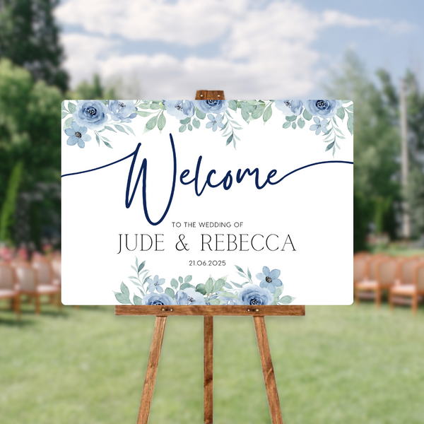 blue floral wedding welcome sign - personalised wedding signs