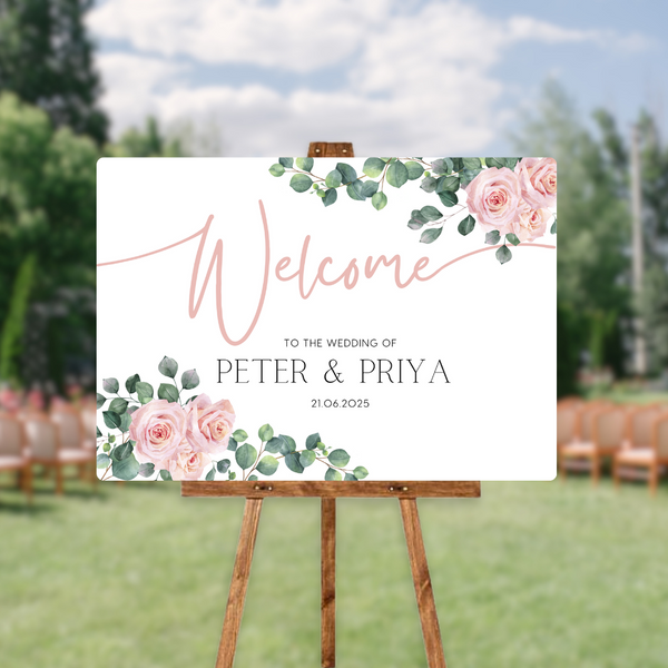 pink roses floral wedding welcome sign - personalised wedding signs