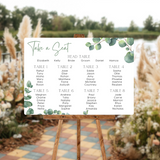 wedding seating plan sign featuring eucalyptus foliage