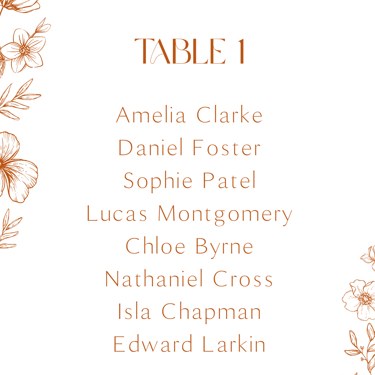 Sienna floral wedding seating plan cards with terracotta botanical sketches and elegant boho typography