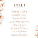 Sienna floral wedding seating plan cards with terracotta botanical sketches and elegant boho typography