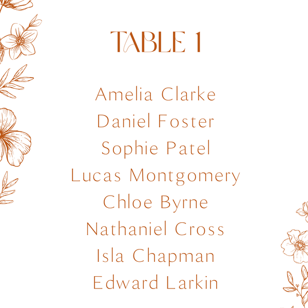 Sienna floral wedding seating plan cards with terracotta botanical sketches and elegant boho typography