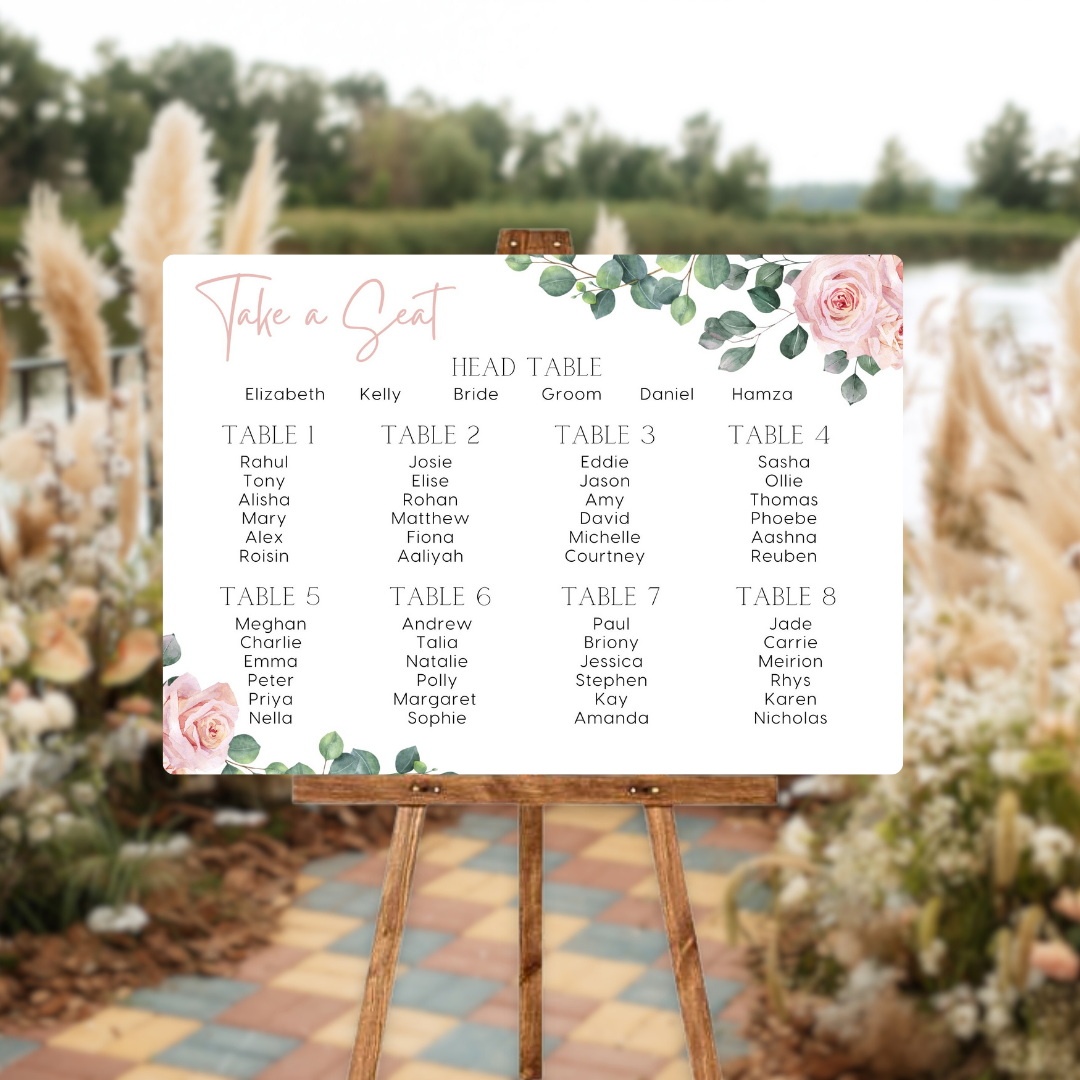 pink roses floral seating plan wedding sign - personalised wedding sign