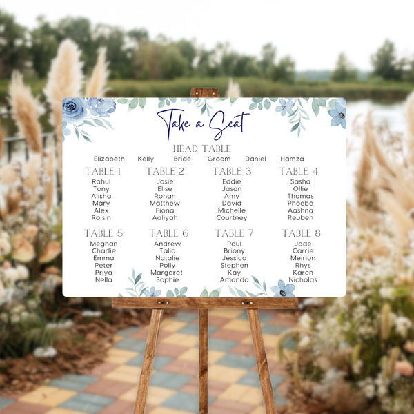 Blue floral seating plan sign for wedding - personalised wedding sign