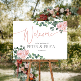 pink roses floral wedding welcome sign - personalised wedding signs