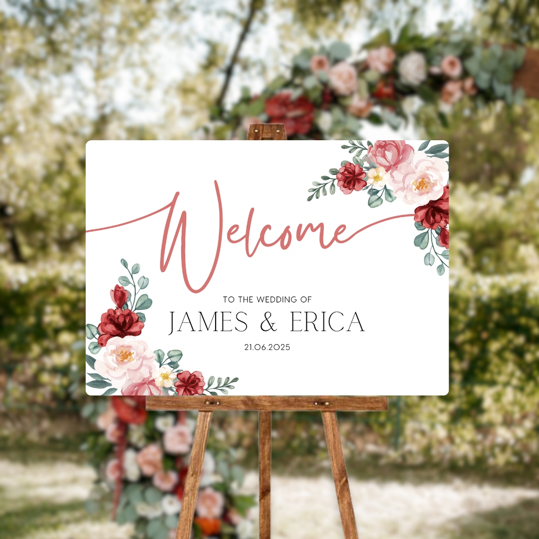 red and cream floral wedding welcome sign - personalised wedding signs