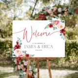 red and cream floral wedding welcome sign - personalised wedding signs