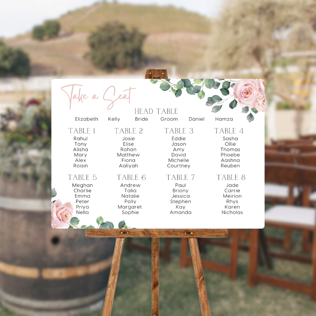 pink roses floral seating plan wedding sign - personalised wedding sign