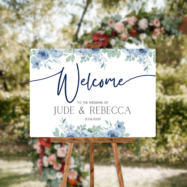 blue floral wedding welcome sign - personalised wedding signs