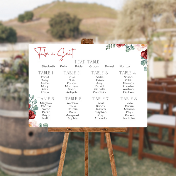 Red and cream floral seating plan sign for wedding - personalised wedding sign