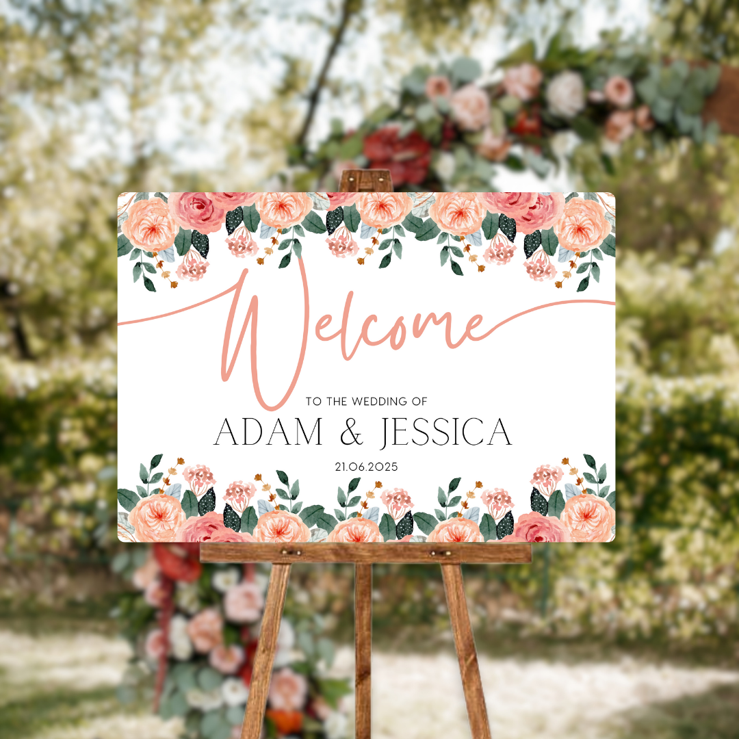 pink and peach floral wedding welcome sign - personalised wedding signs