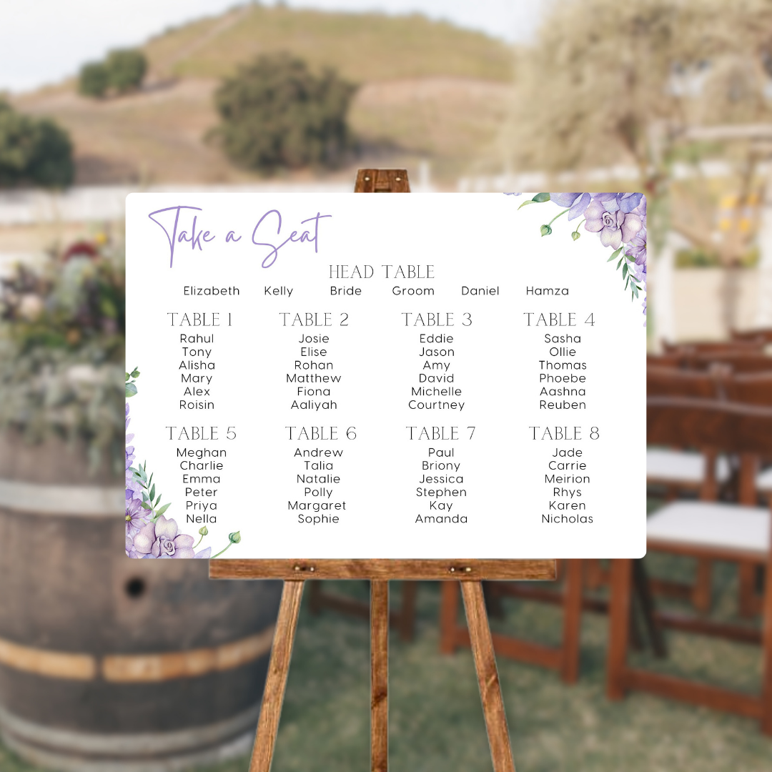 lilac and lavender floral seating plan sign for wedding - personalised wedding sign