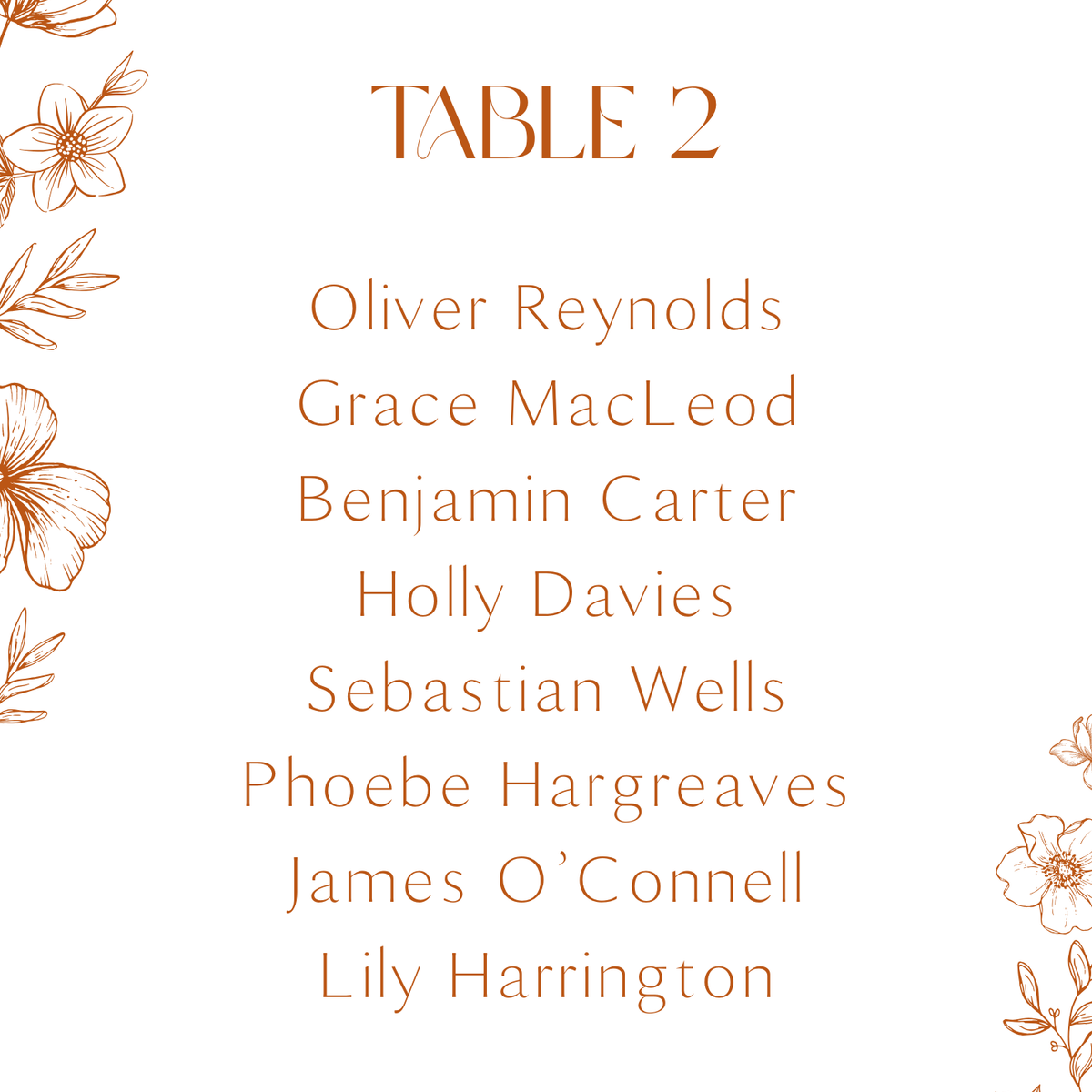 Sienna floral wedding seating plan cards with terracotta botanical sketches and elegant boho typography