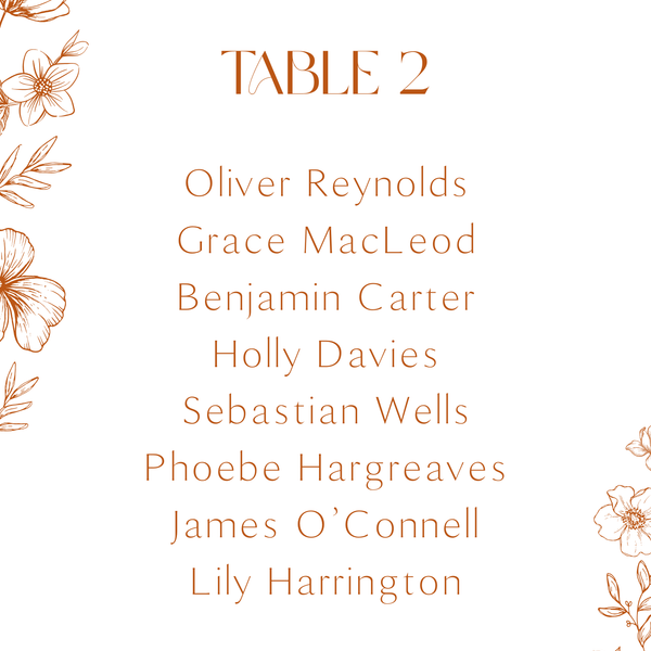 Sienna floral wedding seating plan cards with terracotta botanical sketches and elegant boho typography