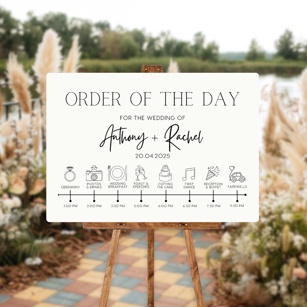 minimalist order of the day sign - affordable personalised wedding signs