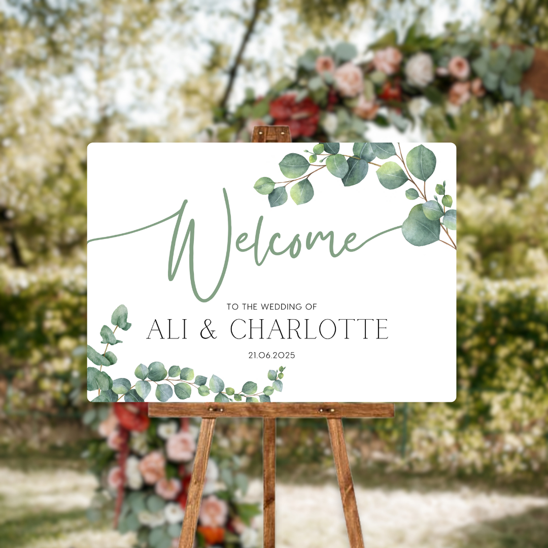 wedding welcome sign featuring eucalyptus foliage