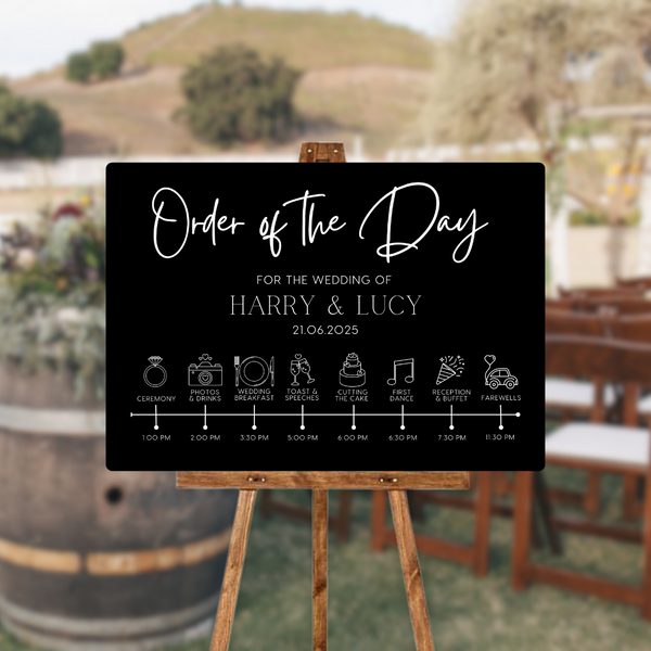 Timeless design white order of the day sign for weddings - personalised - customizable