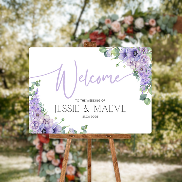 lilac and lavender floral wedding welcome sign - personalised wedding signs