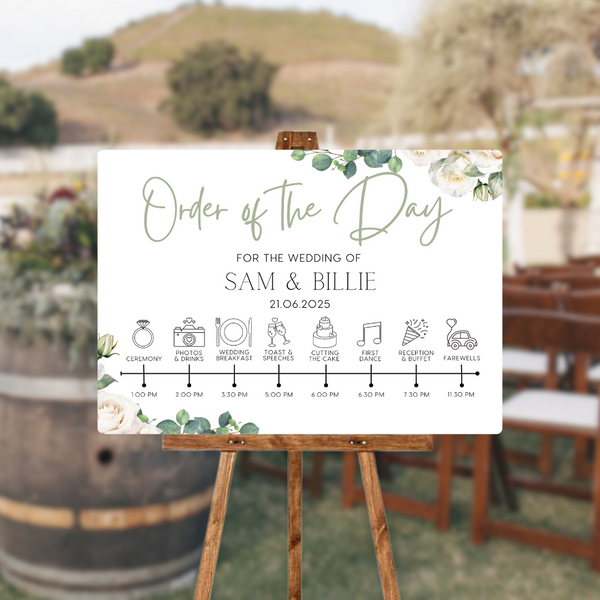 white roses floral order of the day sign for weddings - personalised - customizable