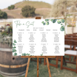 wedding seating plan sign featuring eucalyptus foliage