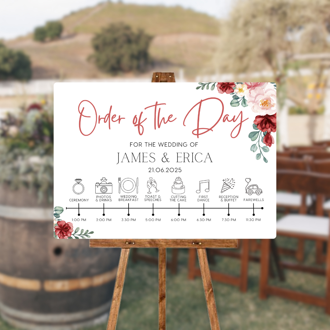 Red and cream floral order of the day sign for weddings - personalised - customizable