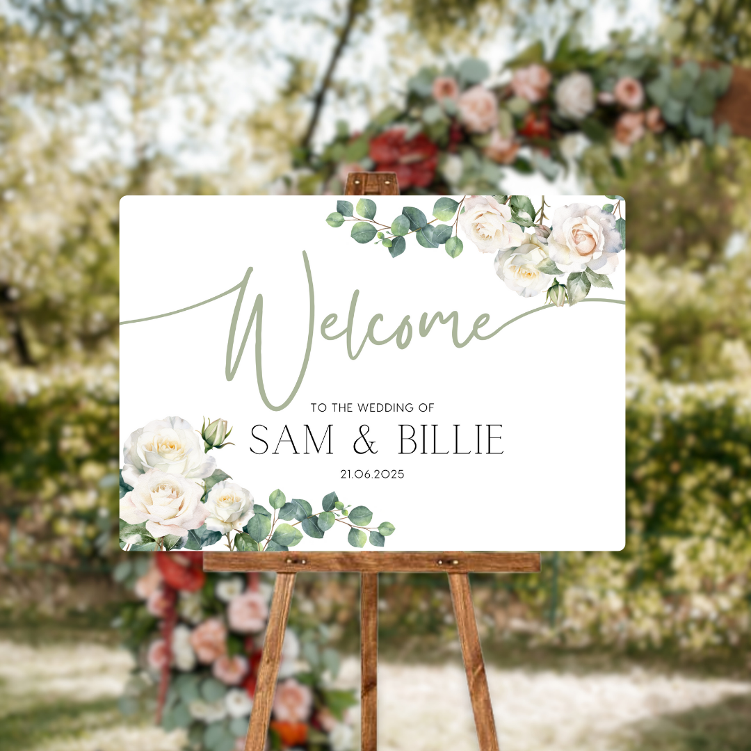 white roses floral wedding welcome sign - personalised wedding signs