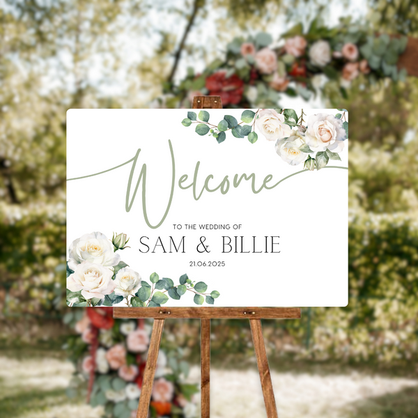 White Roses Floral Welcome Sign