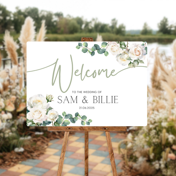 white roses floral wedding welcome sign - personalised wedding signs