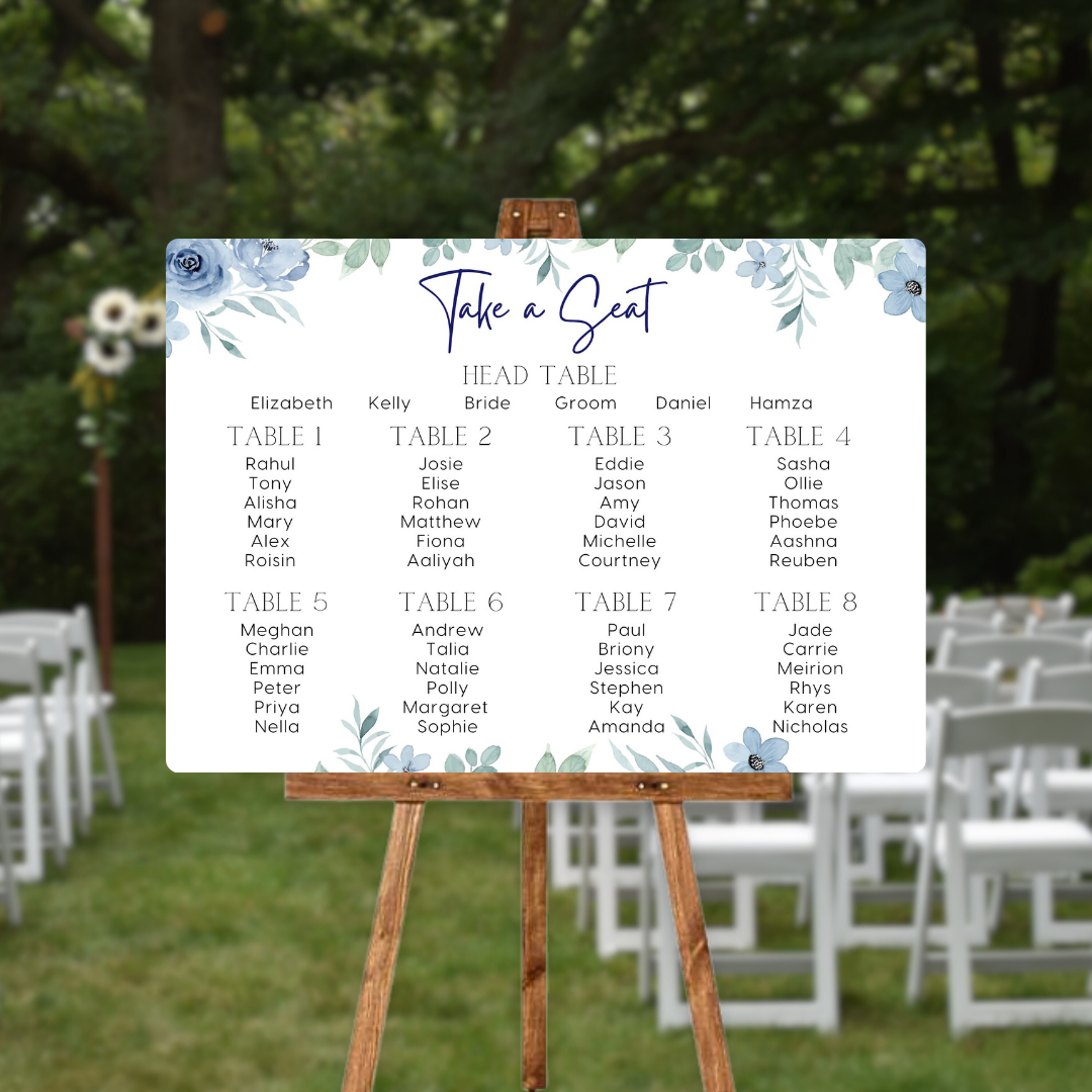 Blue floral seating plan sign for wedding - personalised wedding sign