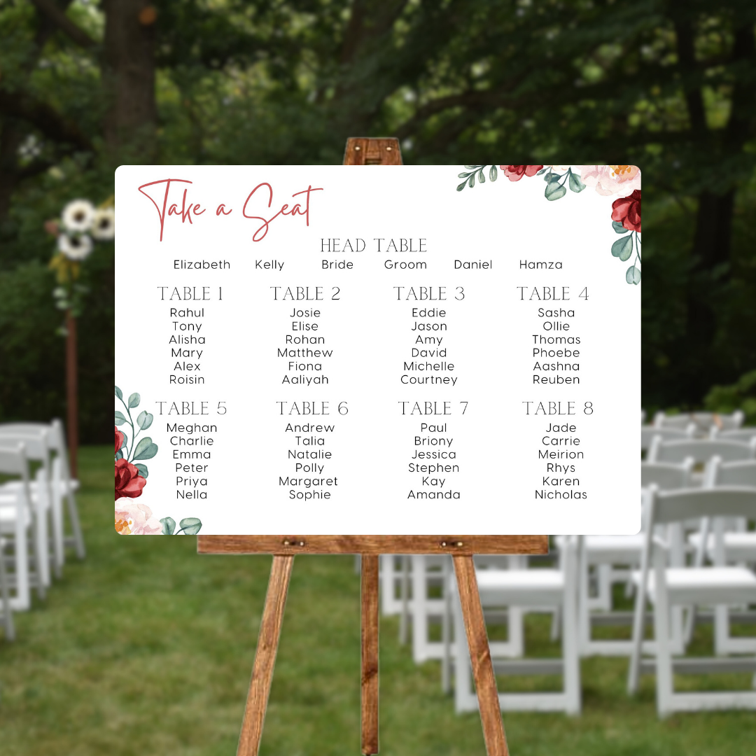 Red and cream floral seating plan sign for wedding - personalised wedding sign