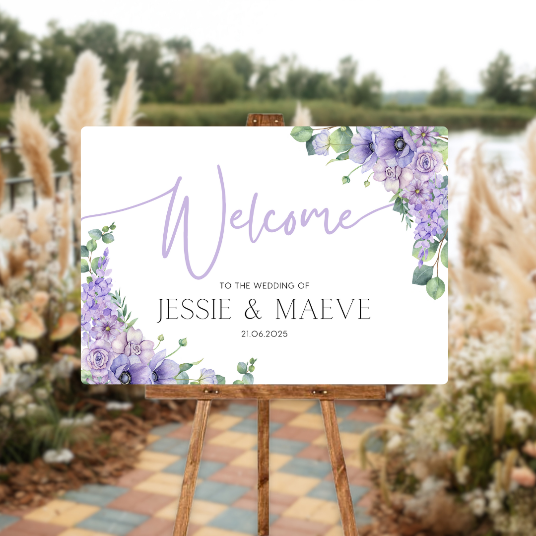 lilac and lavender floral wedding welcome sign - personalised wedding signs