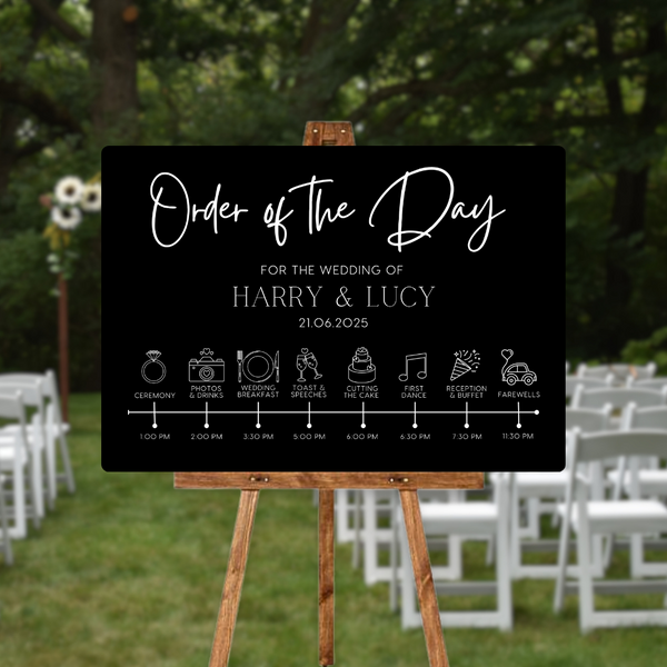 Timeless design white order of the day sign for weddings - personalised - customizable