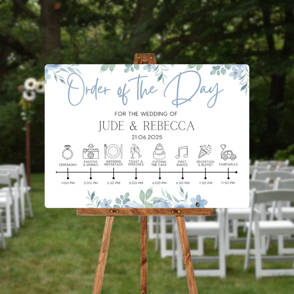 blue floral order of the day sign for weddings - personalised - customizable