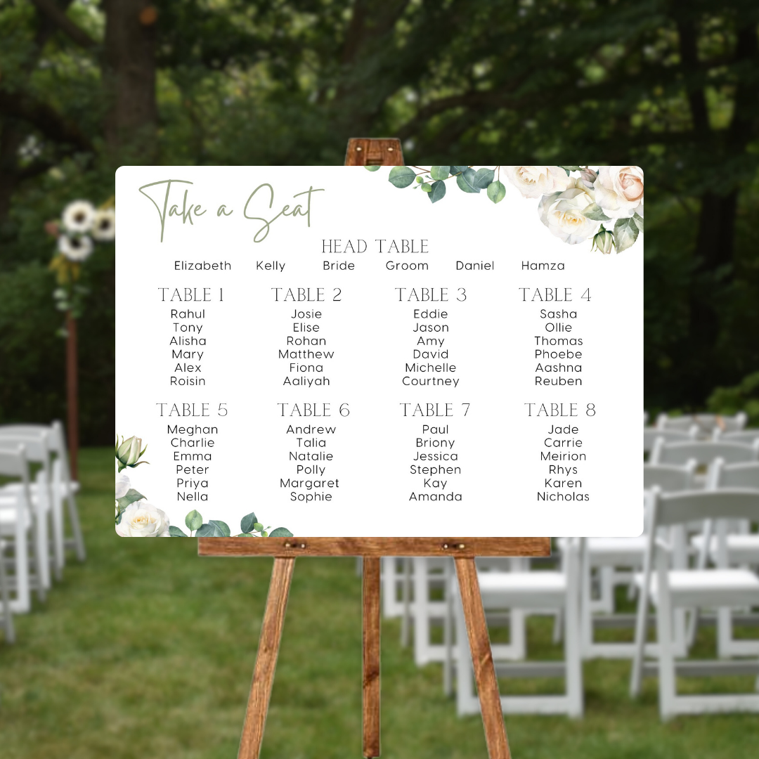 white roses floral seating plan wedding sign - personalised wedding sign