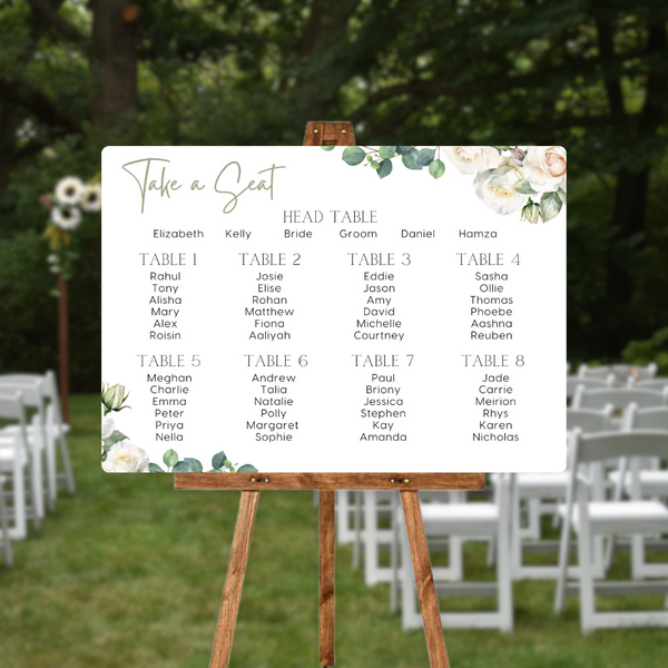 white roses floral seating plan wedding sign - personalised wedding sign