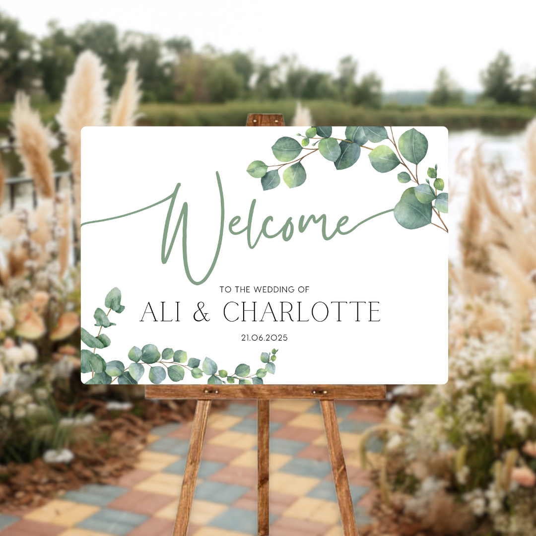 wedding welcome sign featuring eucalyptus foliage