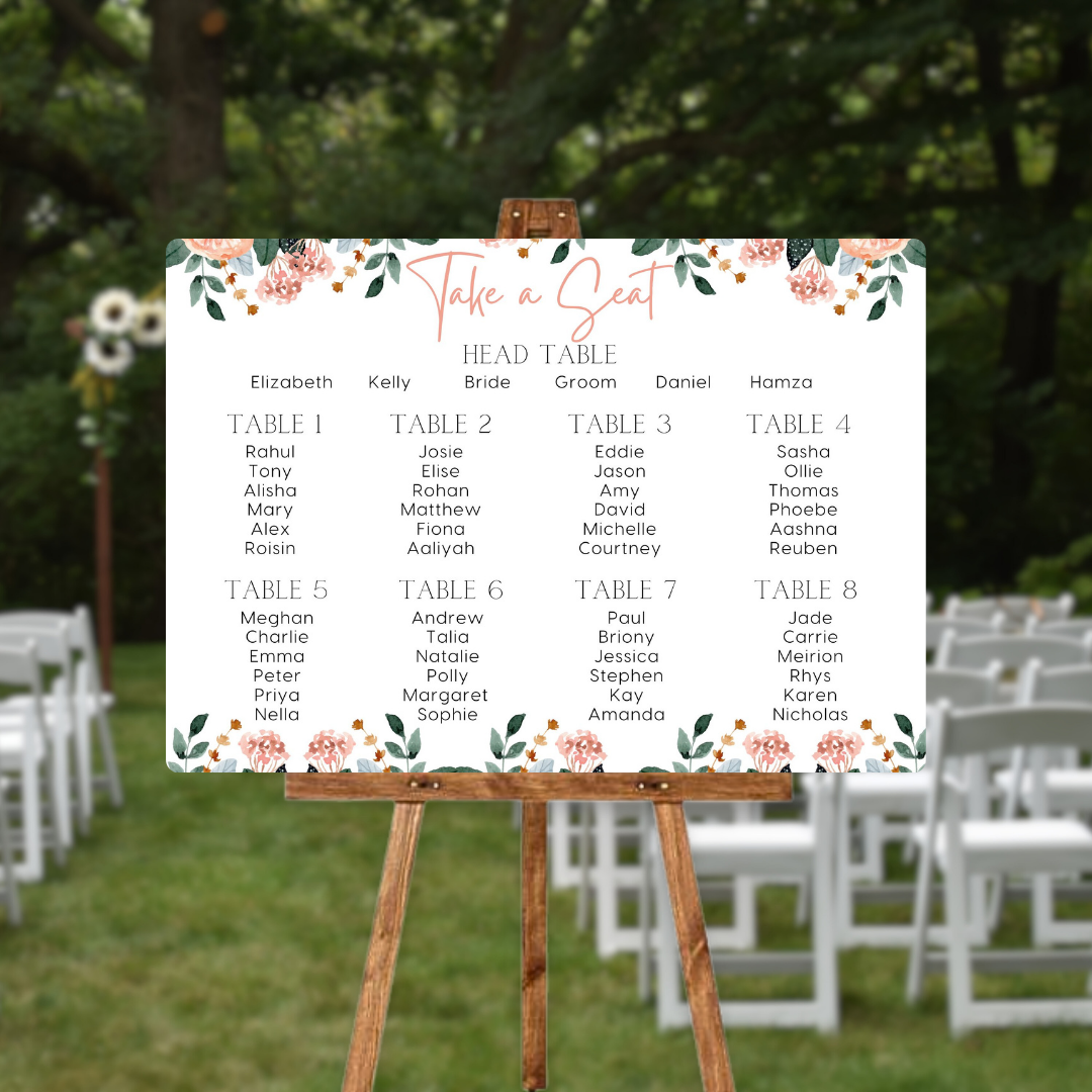 pink and peach floral seating plan sign for wedding - personalised wedding sign