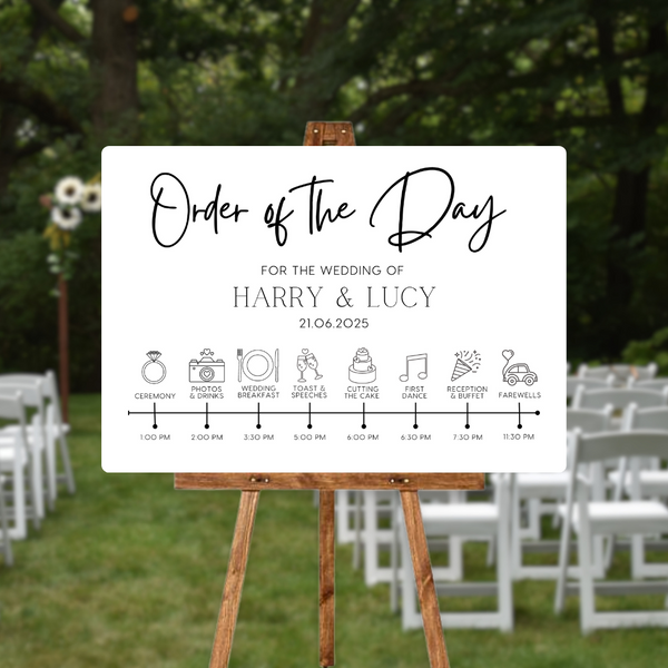 Timeless design white order of the day sign for weddings - personalised - customizable