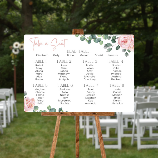 pink roses floral seating plan wedding sign - personalised wedding sign