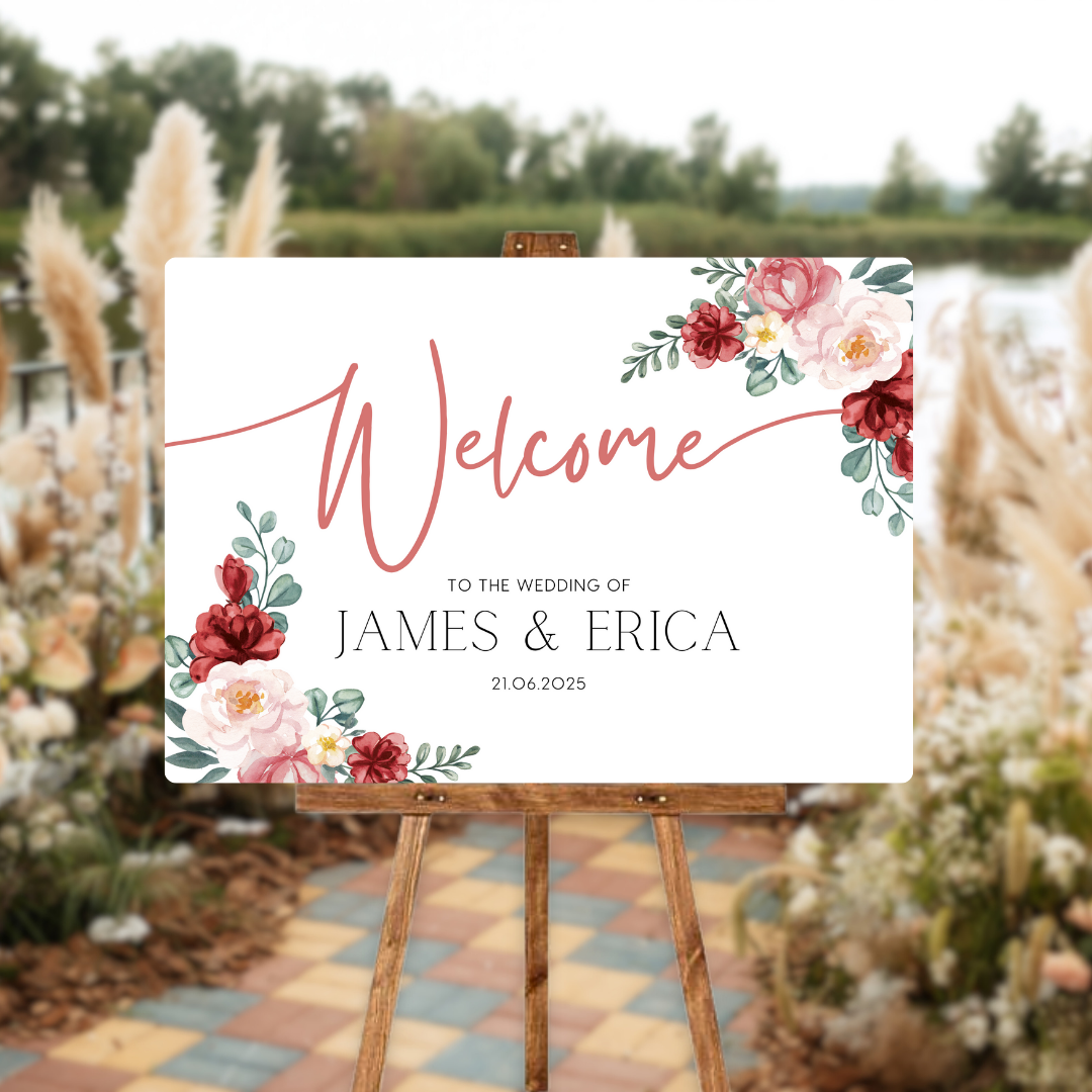 red and cream floral wedding welcome sign - personalised wedding signs