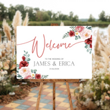 red and cream floral wedding welcome sign - personalised wedding signs