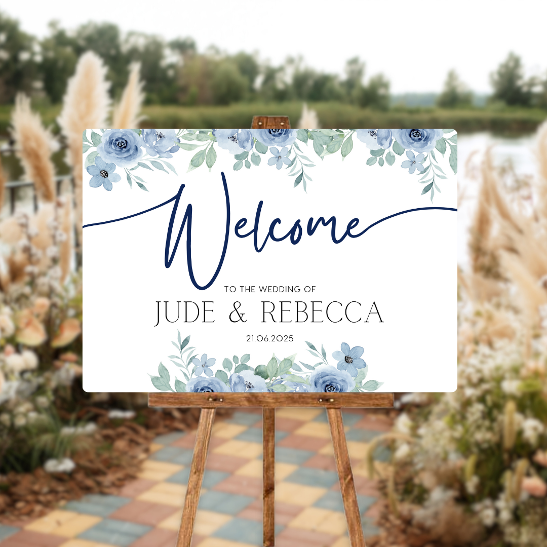 blue floral wedding welcome sign - personalised wedding signs