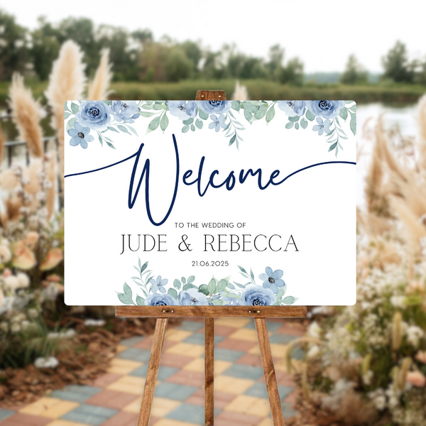 blue floral wedding welcome sign - personalised wedding signs