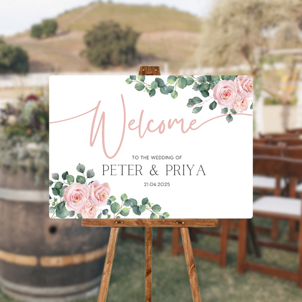 pink roses floral wedding welcome sign - personalised wedding signs