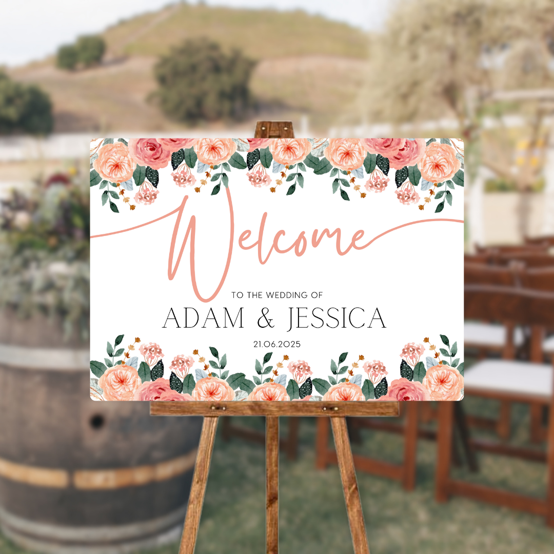 pink and peach floral wedding welcome sign - personalised wedding signs