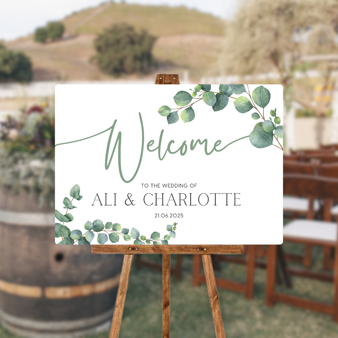 wedding welcome sign featuring eucalyptus foliage