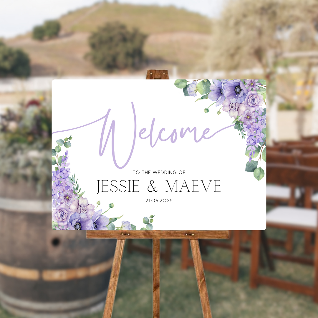 lilac and lavender floral wedding welcome sign - personalised wedding signs