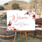 red and cream floral wedding welcome sign - personalised wedding signs