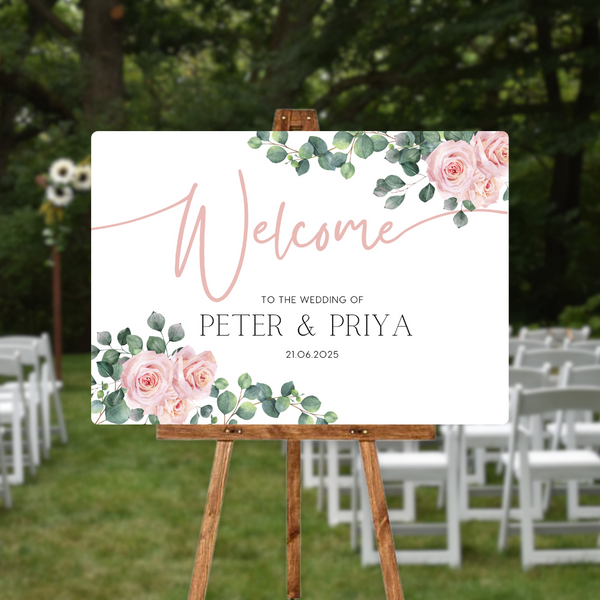 pink roses floral wedding welcome sign - personalised wedding signs